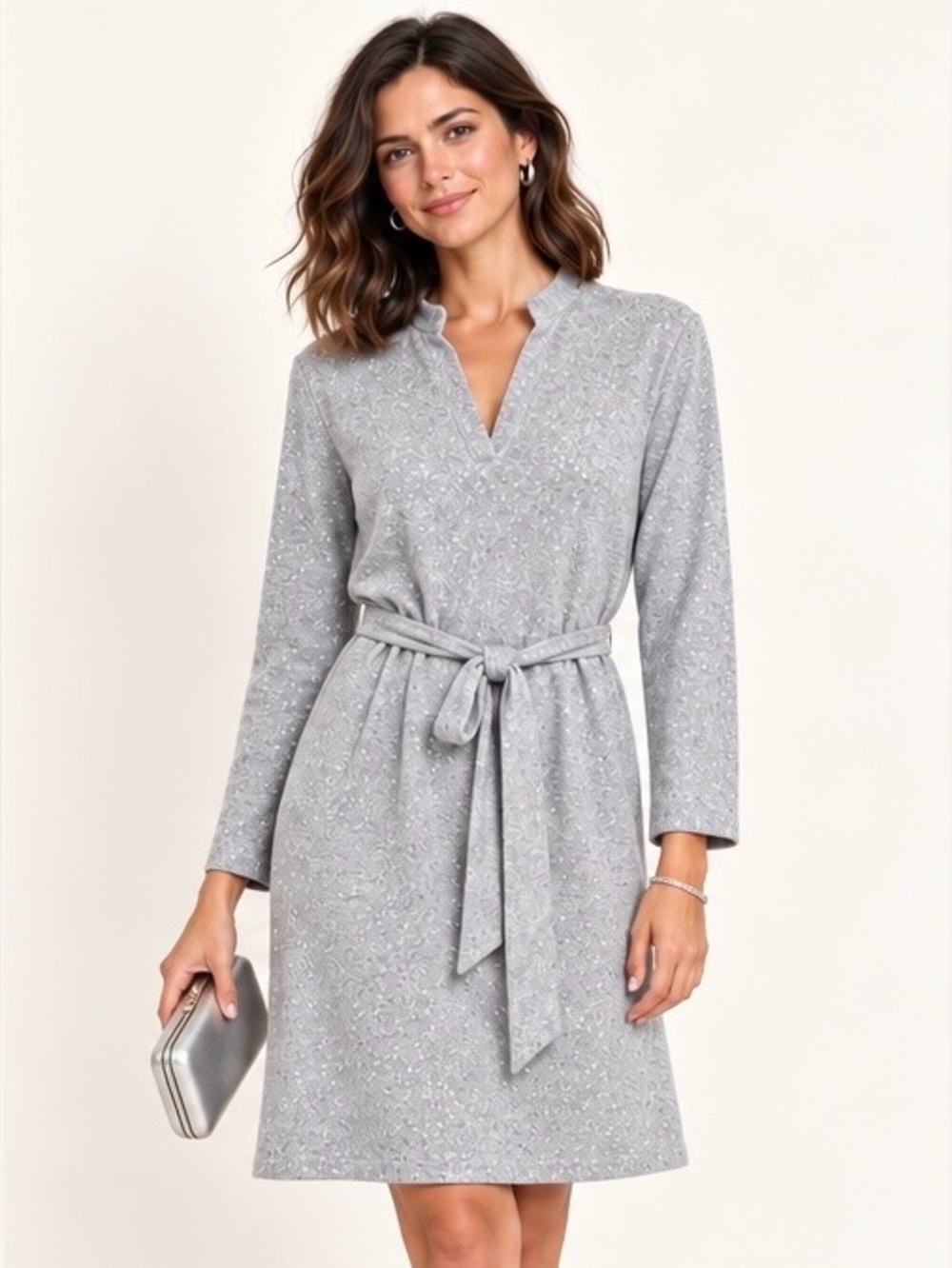 Emily Daniels Gray Sweater Dress 1X NWT Silver Metallic Shimmer Belted Cozy